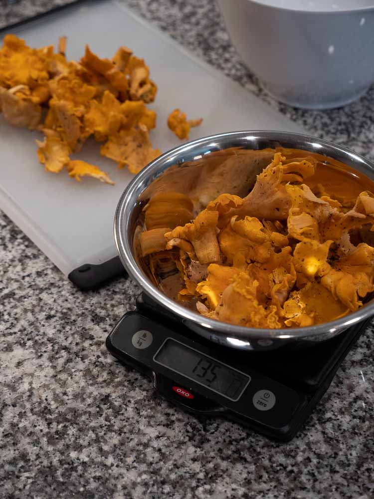 First batch of Chanterelles on scale weighing 135g