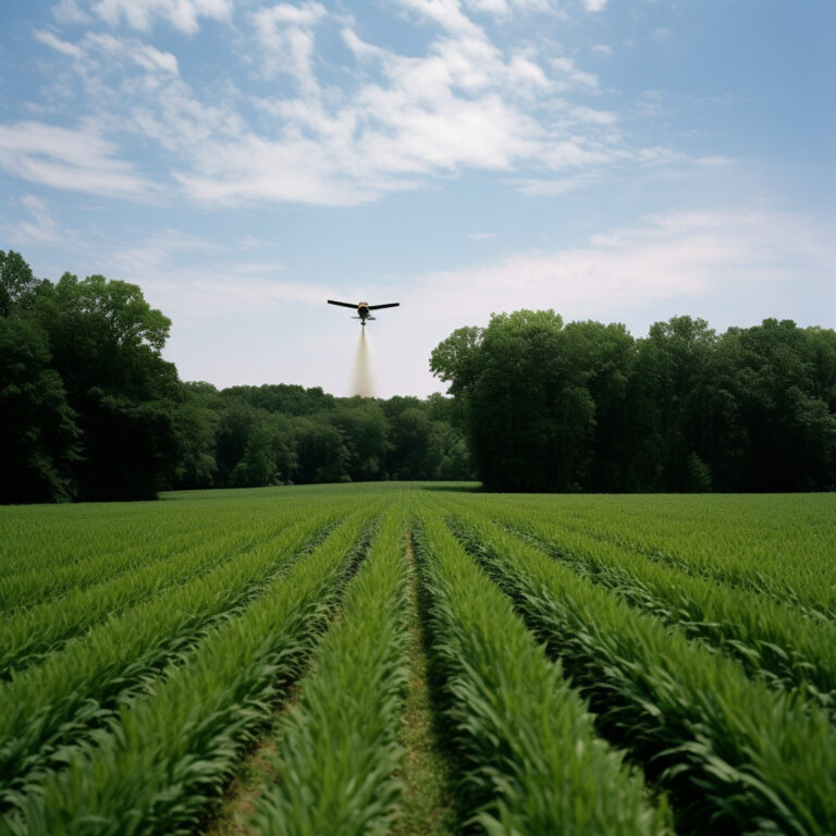 A Field With A Plane Spraying Insecticides